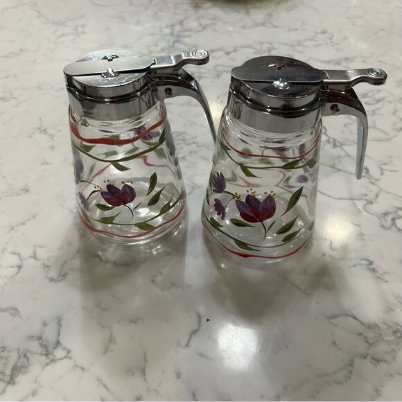 Set of 2 Vintage Glassware Metal Lid Hand Painted Syrup Pourers Dispensers - Picture 5 of 9